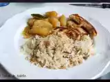 Recette Aiguillettes de poulet, trio de légumes tournés glacés et riz au romarin
