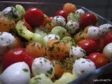 Recette Salade de billes de concombre, tomates cerises, courgettes au curry, melon et mozzarella