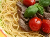 Recette Spaghetti au filet de boeuf, tomates-cerises & infusion de basilic