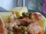 Recette Emincé de dinde en sauce aux petits pois et cubes de polenta au fromage