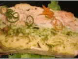 Recette Terrine de saumon aux agrumes-merluchon à la mélisse-sauce asiatique au pestou