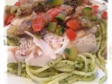Recette Filets d'aiglefin à la poêlée de légumes, linguines au pesto à la coriandre