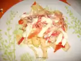Recette Des pâtes aux poivrons, mozzarella et jambon de pays.