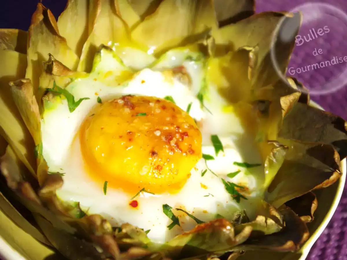 Recette Oeufs cocotte en coques d’artichaut, piment d’espelette et petits lardons… le nid cocotte
