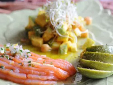 Recette Saumon mariné au citron, salade de courgettes crues et cuites aux pois chiches