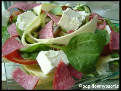 Recette Salade epinard-courgette, feta & salami