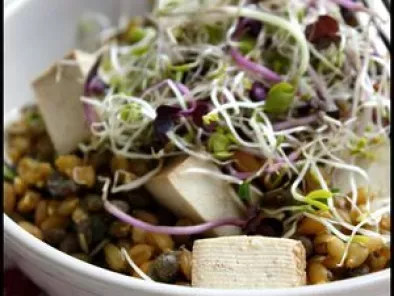 Recette Salade de petit épeautre et lentilles vertes au tofu fumé.