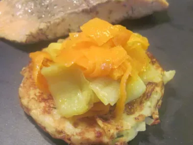 Recette Saumon et sa fondue de poireaux et carottes sur galette de pommes de terre