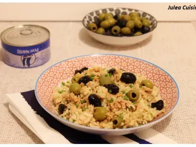 Recette Comme un risotto de riz complet, aux olives noires et vertes et thon au citron