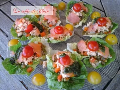 Salade de saumon et macédoine de légumes en feuilles de sucrine