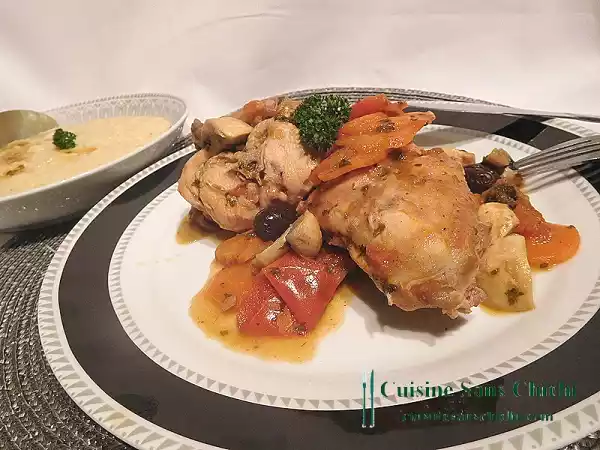 Recette Lapin en sauce au olives, accompagné de polenta crémeuse.