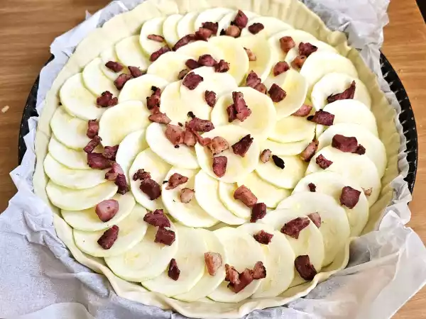 Recette Quiche courgettes fromage de chèvre frais et lardons