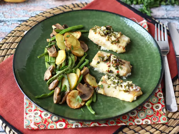 Recette Colin au air fryer et sa sauce au vin blanc, pommes de terre et légumes