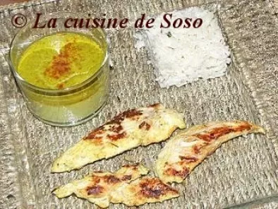 Recette Crème brûlée aux petits pois et curry, aiguillettes de poulet tandoori..