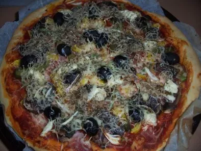 Recette Pizza poivrons - olives - champignons