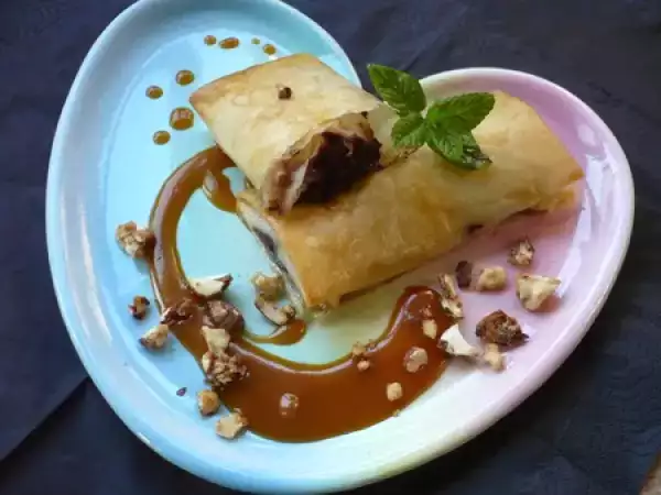 Recette Nems à la banane et ganache, caramel au beurre salé