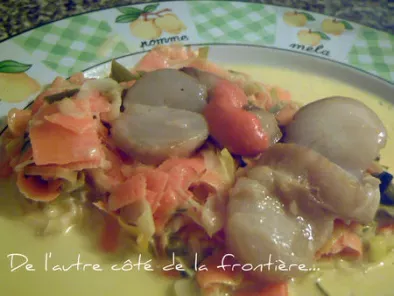Recette St-jacques poelees, rubans de carottes et poireaux