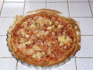 Recette Pizza jambon, tomates, fromage et champignons.