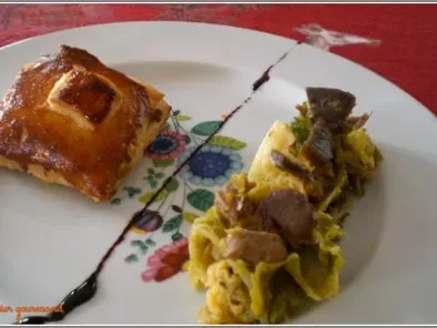 Recette Croustillant tout canard et foie gras, émincé de chou frisé aux gésiers confits
