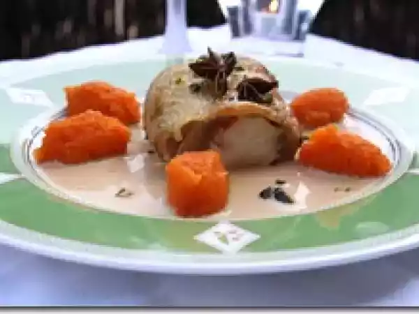 Recette Farci de poulet aux gambas géantes et purée de carotte à l?anis
