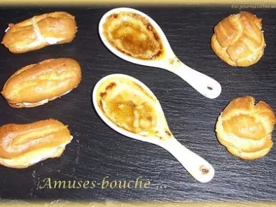 Recette Petits choux foie gras / abricots secs, crème brûlée au foie gras, éclairs au saumon