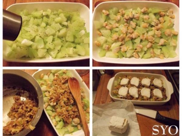 Gratin de Christophines aux coques, poireau et chèvre - Préparation etape 4