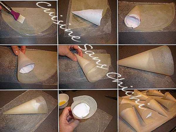 Cornets de feuilles de bricks fourrés au thon et chantilly - Préparation etape 4