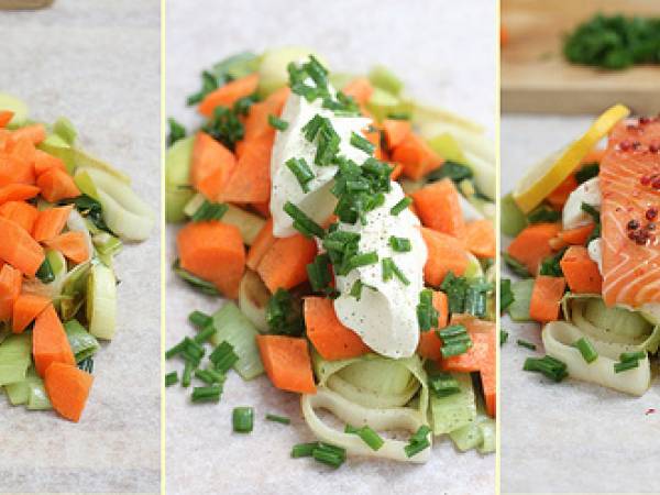 Papillote de saumon aux légumes & aux baies roses - Préparation etape 3