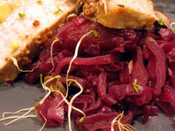 Porc à la moutarde et chou rouge braisé aux poires et au gingembre - Préparation etape 7