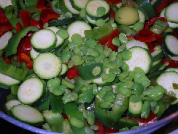 Poêlée : Poulet, poivrons, courgettes, feves et coquillettes - Préparation etape 4