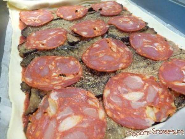 TARTE AUX AUBERGINES GRILLEES CHORIZO MOZZARELLA - Préparation etape 5