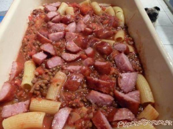 GRATIN DE RIGATONI A LA SAUCISSE DE MONTBELIARD ET AUX LENTILLES - Préparation etape 5