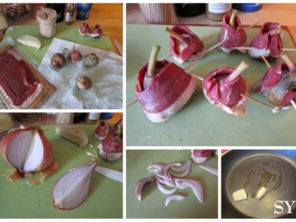 Œufs sur canapé, Foie Gras poêlé, Magrets farcis aux Figues sur lit d’oignons confits - Préparation etape 1