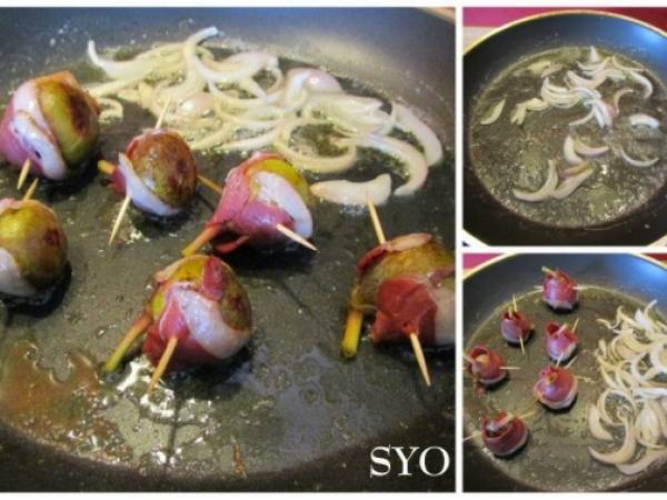 Œufs sur canapé, Foie Gras poêlé, Magrets farcis aux Figues sur lit d’oignons confits - Préparation etape 2