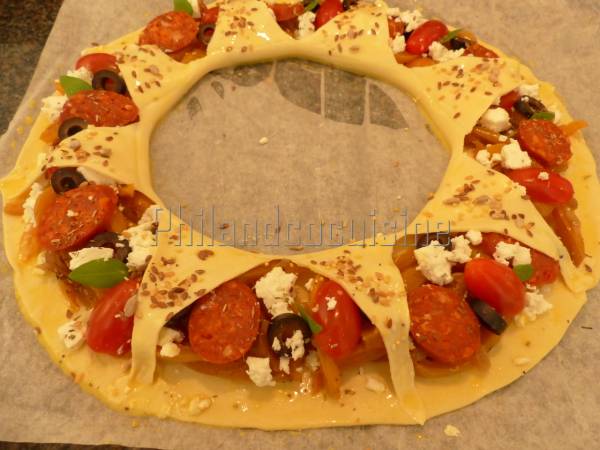 Tarte soleil aux poivrons, chorizo et feta - Préparation etape 10