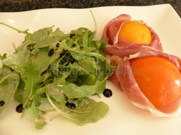 Pêche en habit de jambon cru et sa salade de roquette - Préparation etape 5
