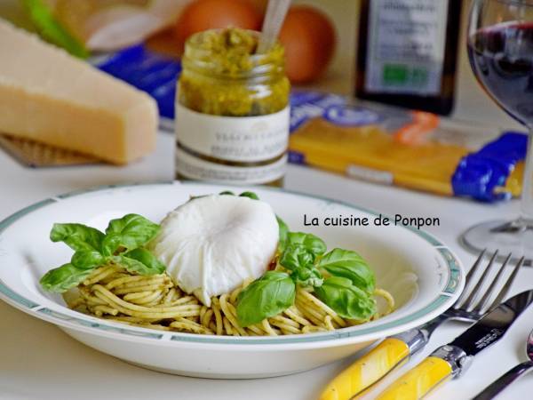 Spaghetti au pesto et oeuf poché, végétarien - Préparation etape 3