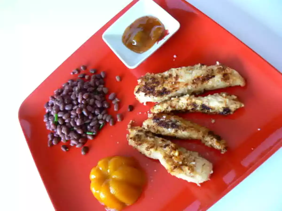 Aiguillettes de poulet pimentées, salade d'haricots azuki au vinaigre de prune