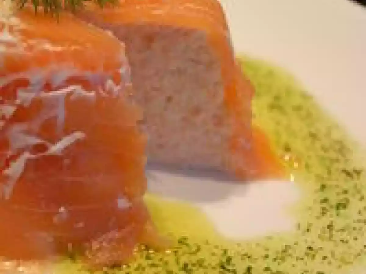 Aspic aux deux saumons, huile d'aneth et purée d'oignons