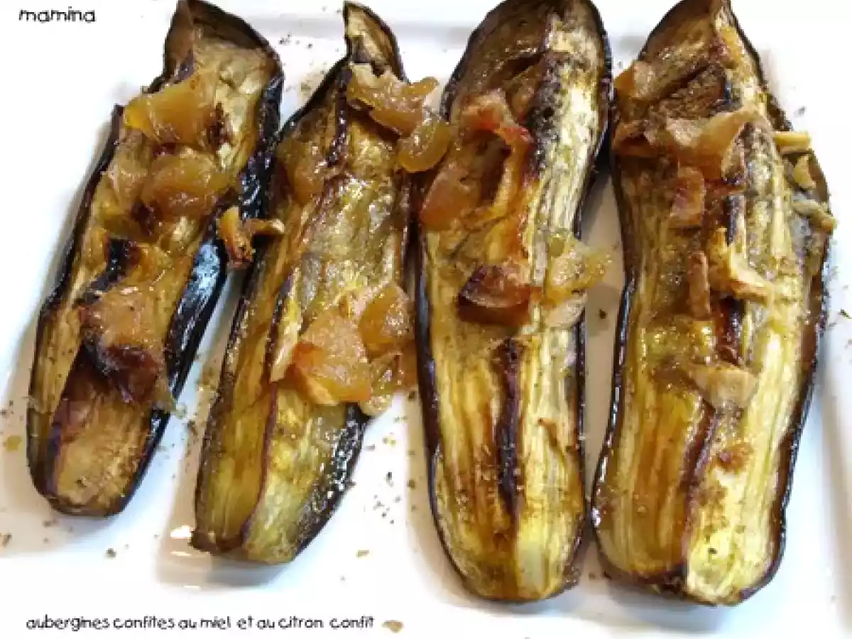 Aubergines confites au miel, à l'ail et citron confit