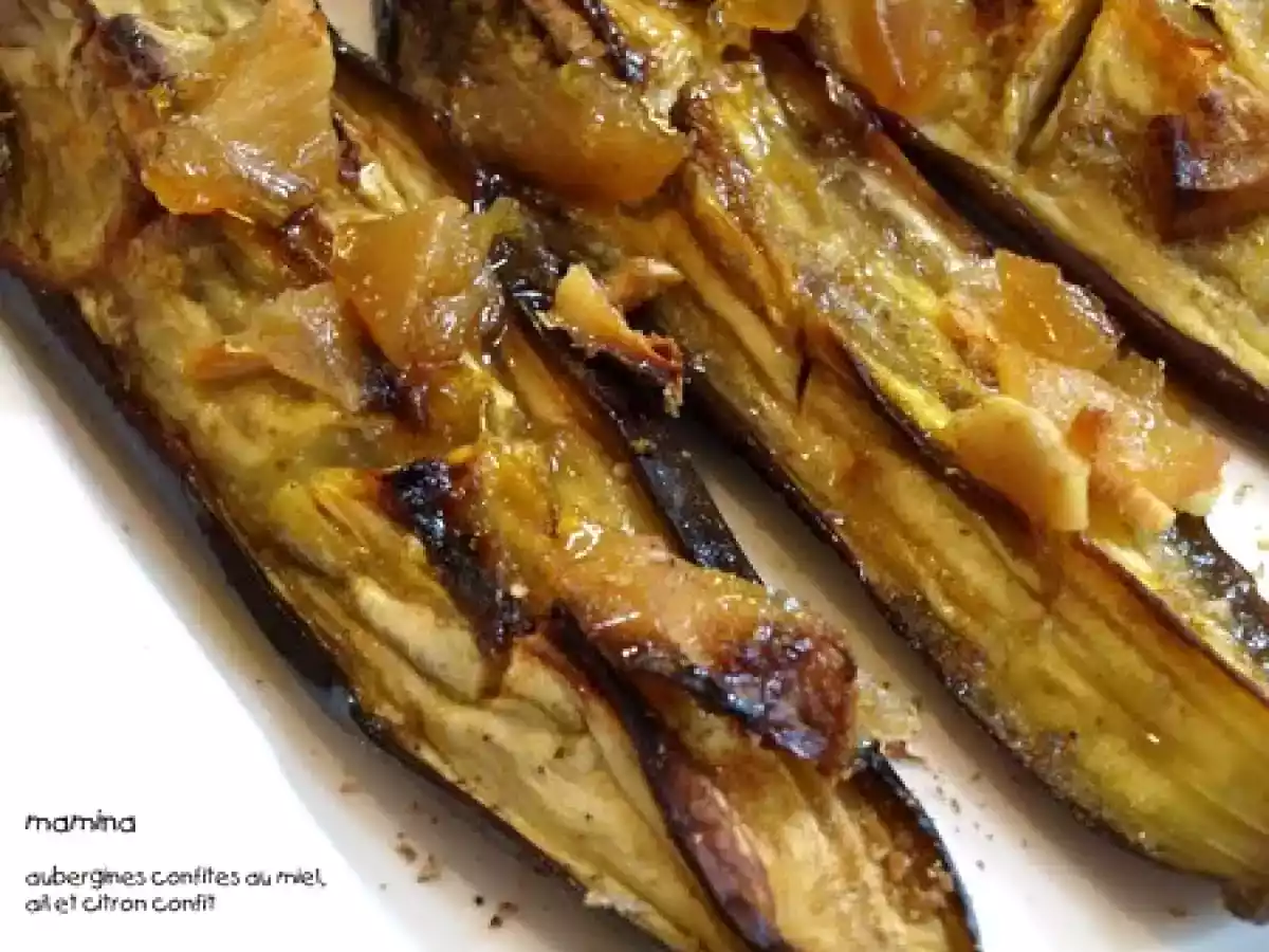 Aubergines confites au miel, à l'ail et citron confit - photo 2