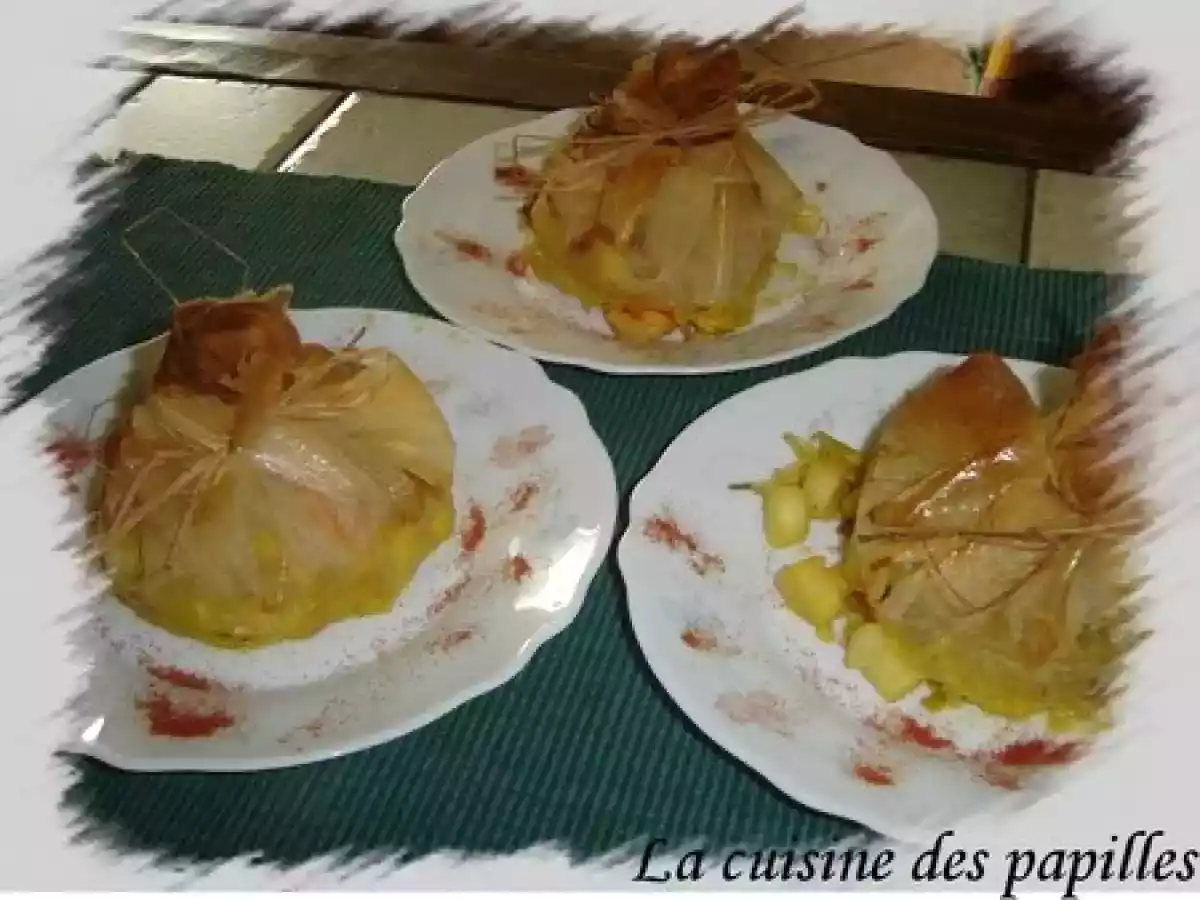 Aumonières de crevettes et noix de St Jacques safranées au gingembre