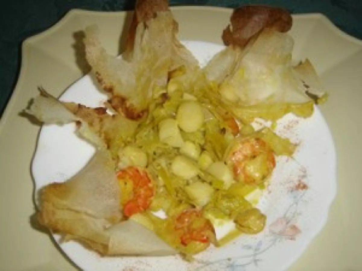 Aumonières de crevettes et noix de St Jacques safranées au gingembre - photo 2