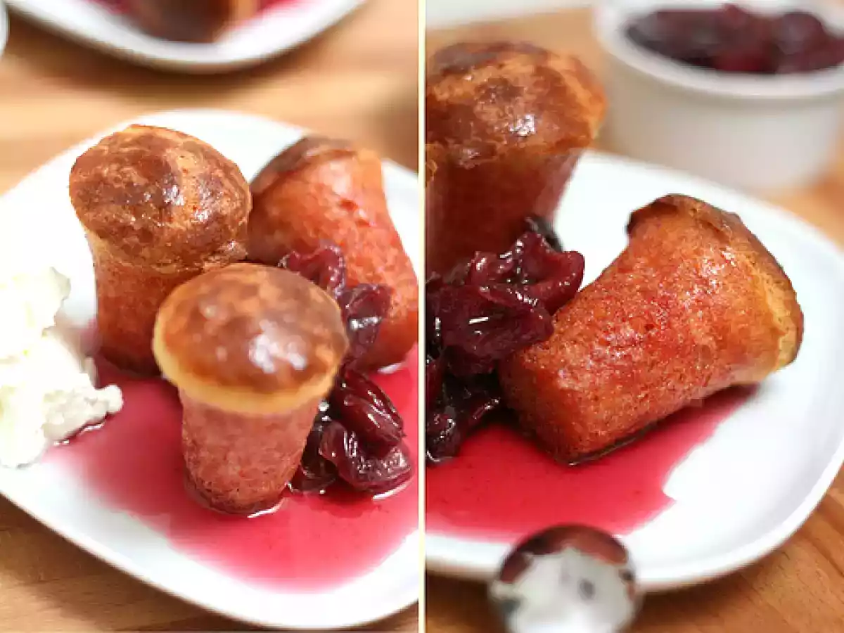 Baba bouchons, compotée de cerises aux épices & au Kirsch, crème fouettée