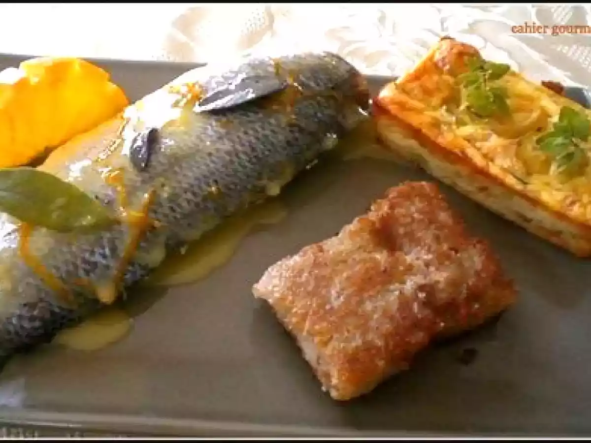 Bar de ligne au beurre d'orange, son moelleux de poireaux à l'orange