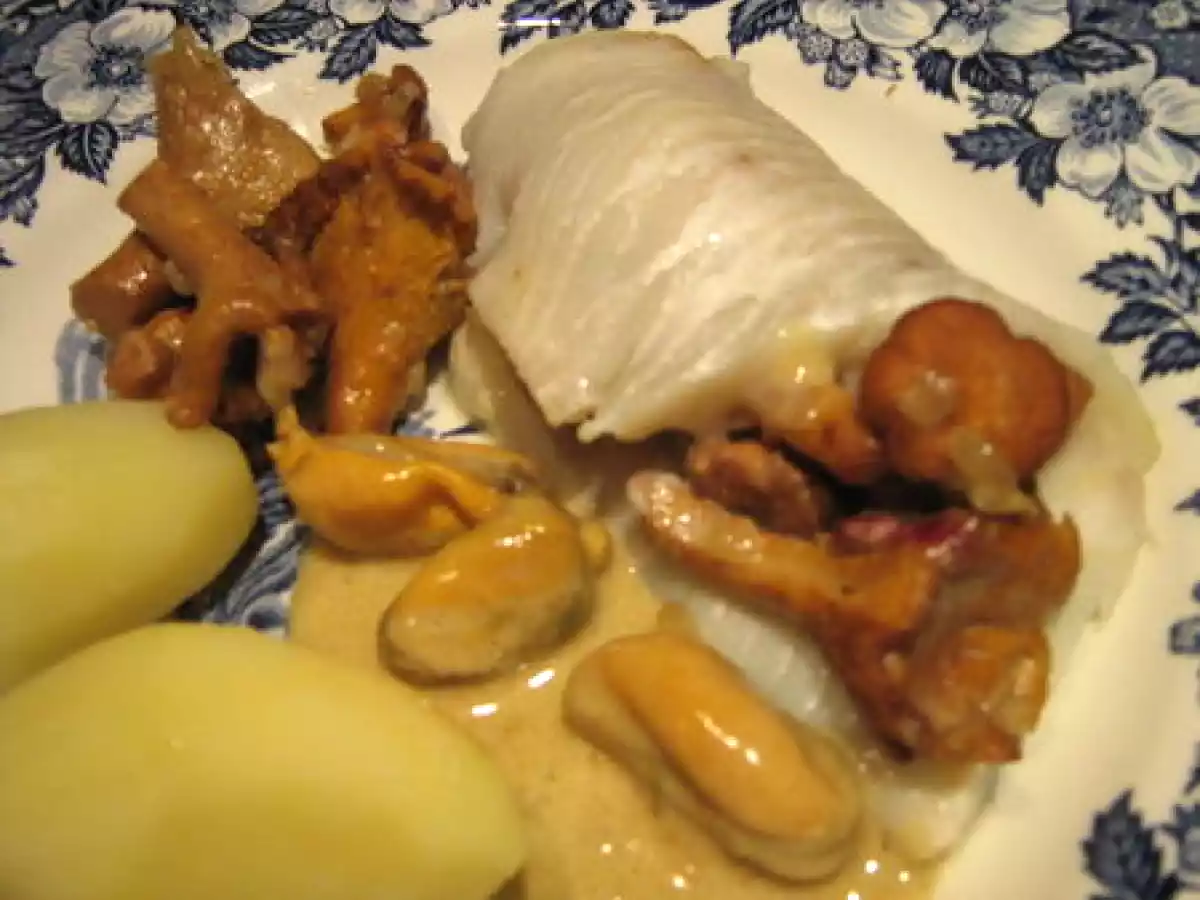 Barbue en portefeuille aux girolles