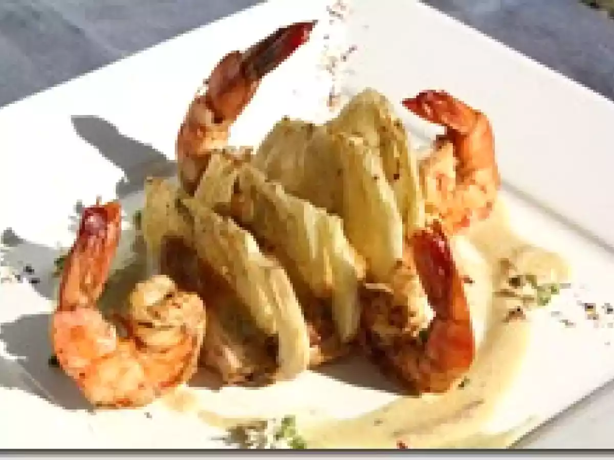 Barque de Pintade et Gambas Sautées au Fenouil, Lait de Coco au Gingembre