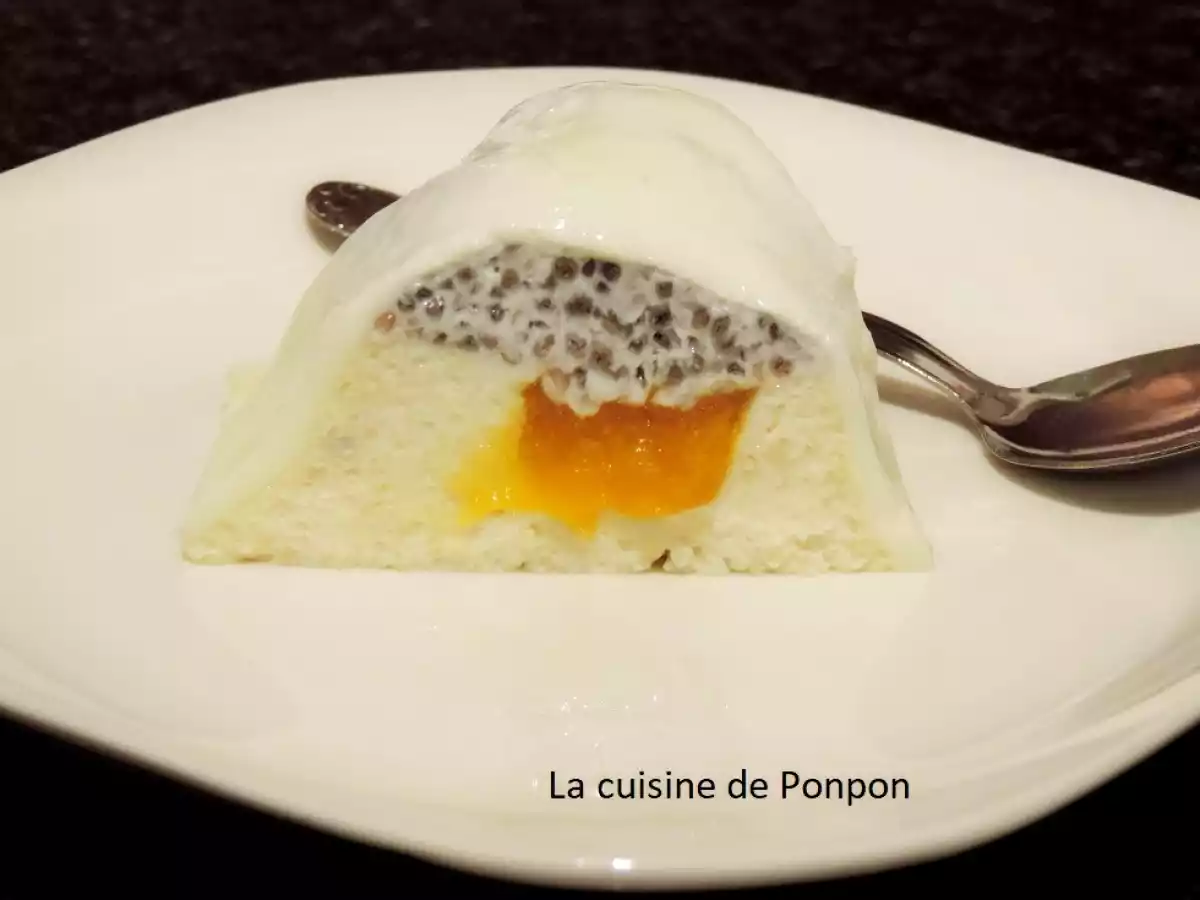 Blanc manger aux amandes avec des graines de chia au lait de coco et un insert à la mangue