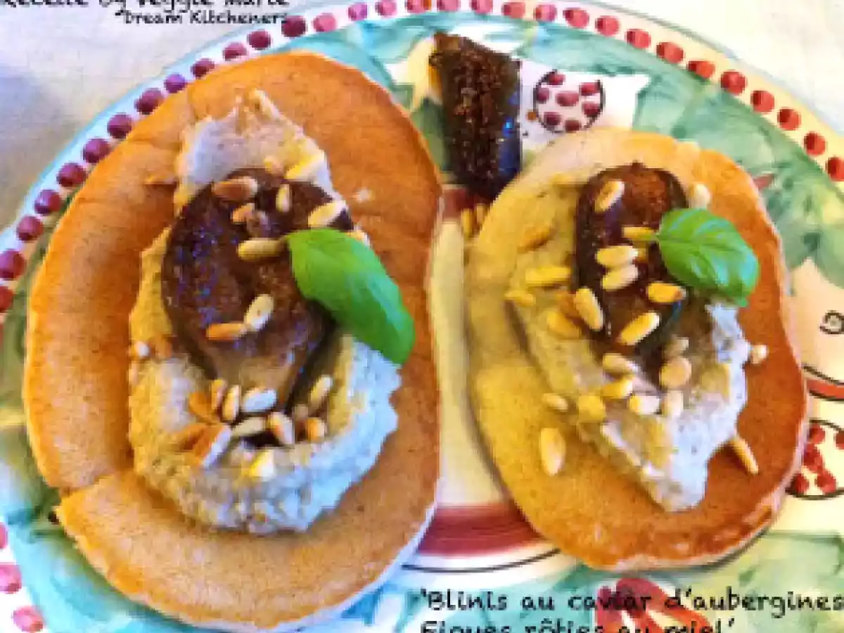 Blinis au caviar d’aubergines, figues rôties au miel et pignons - photo 2