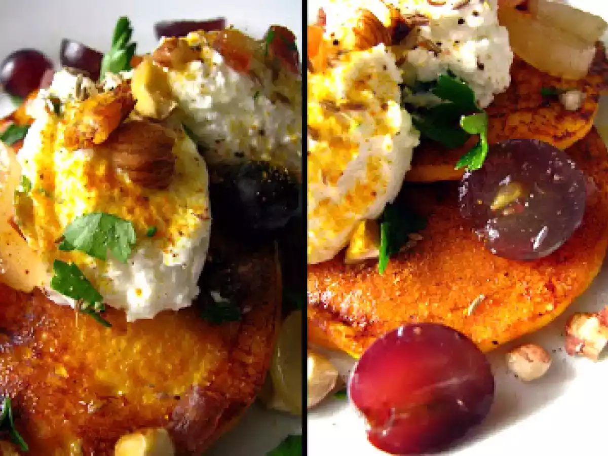 Blinis de butternut aux épices, accompagnement au chèvre, fruits secs et frais - photo 2